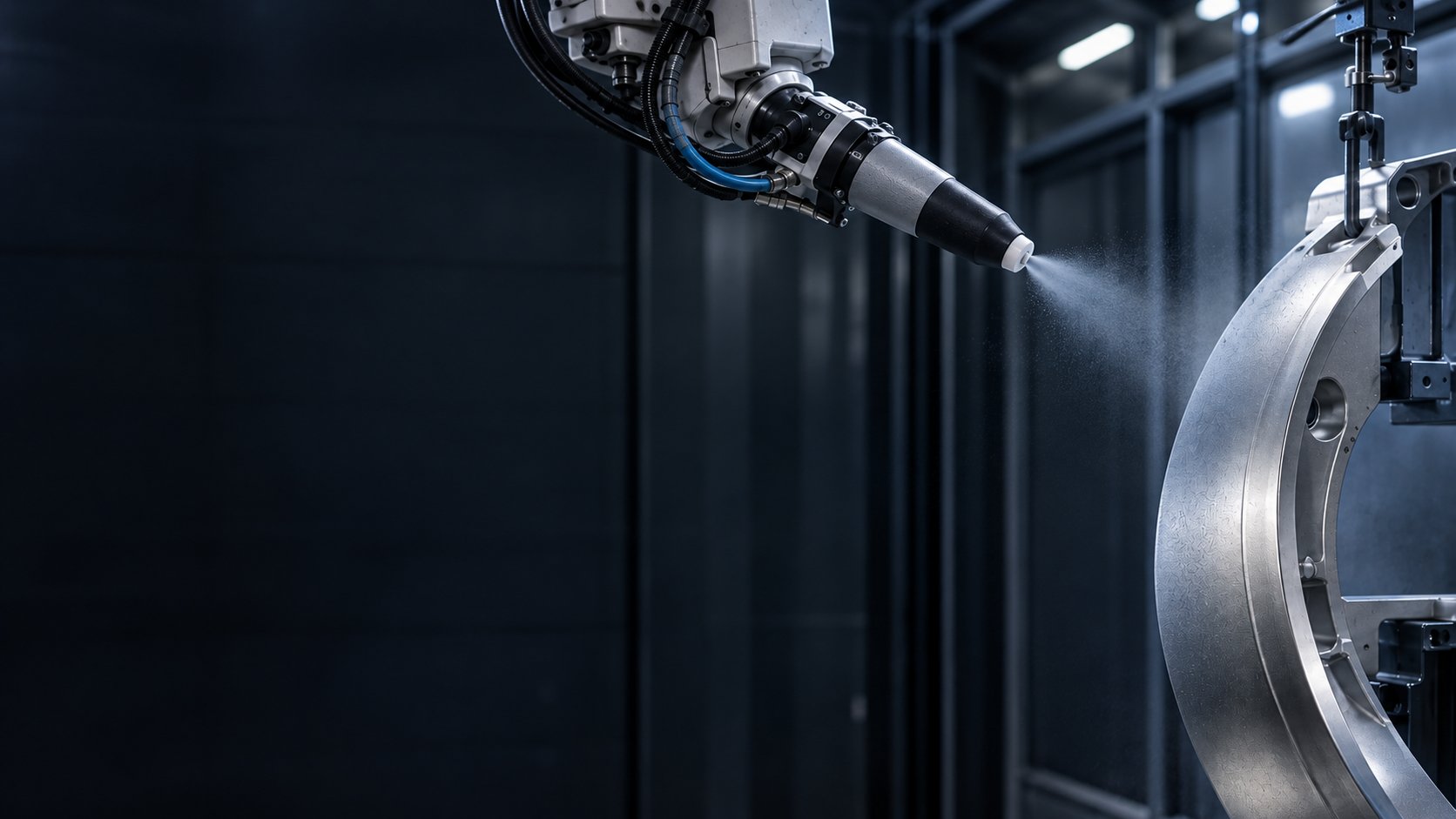 Robotic nozzle applying powder coating to a curved metal component